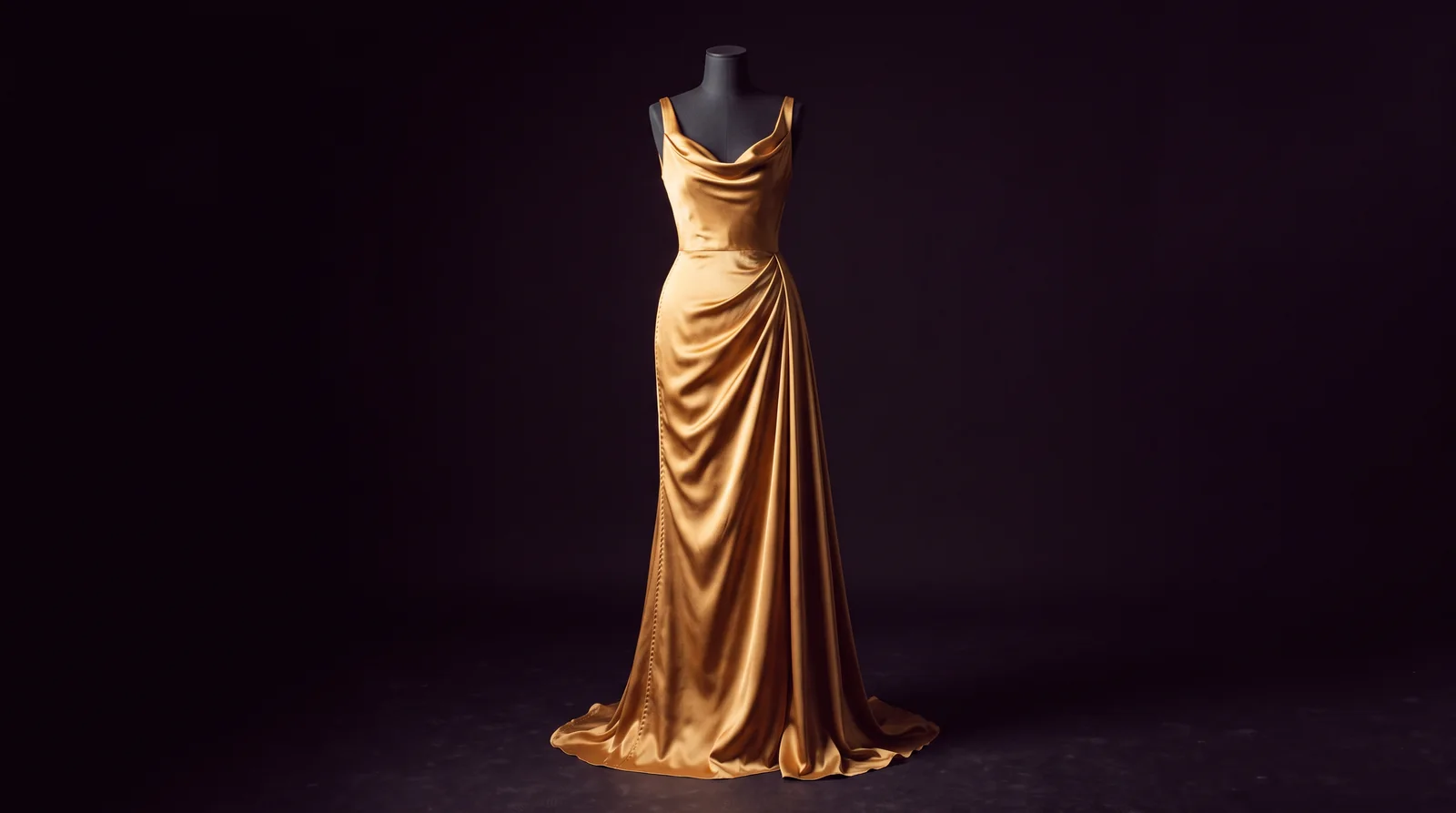 Vestido largo de noche en satén dorado, confeccionado a medida