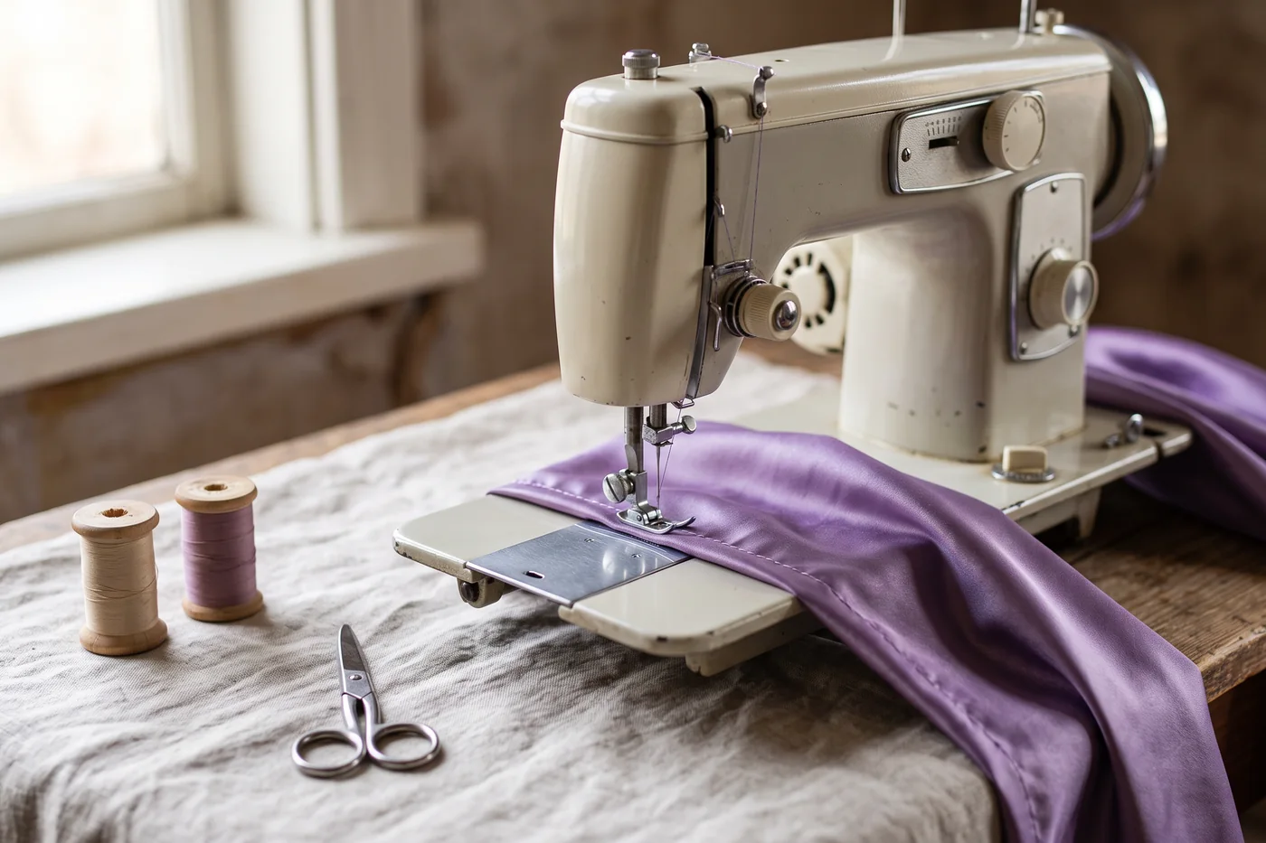 Máquina de coser con una tela violeta pasando bajo el prensatelas